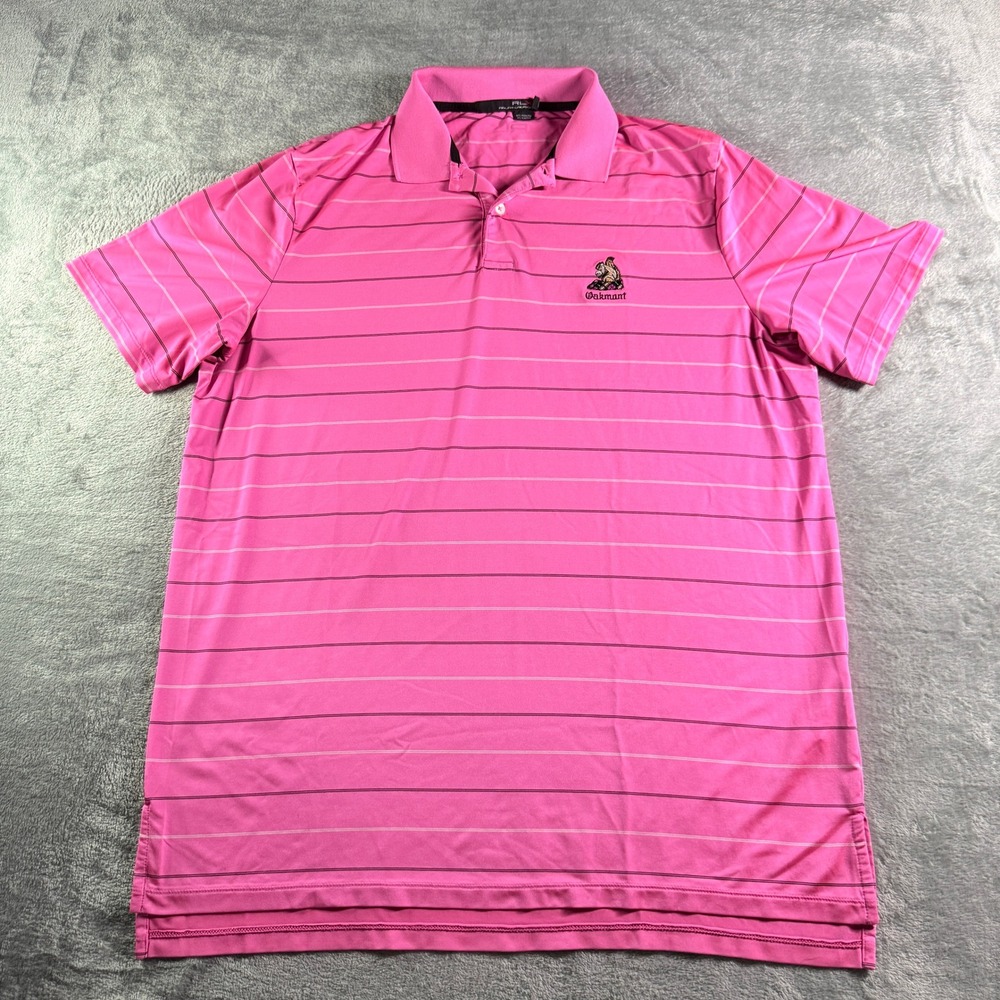 RLX Ralph Lauren Mens Large Polo Shirt Pink Striped Oakmont Country Club Golf
